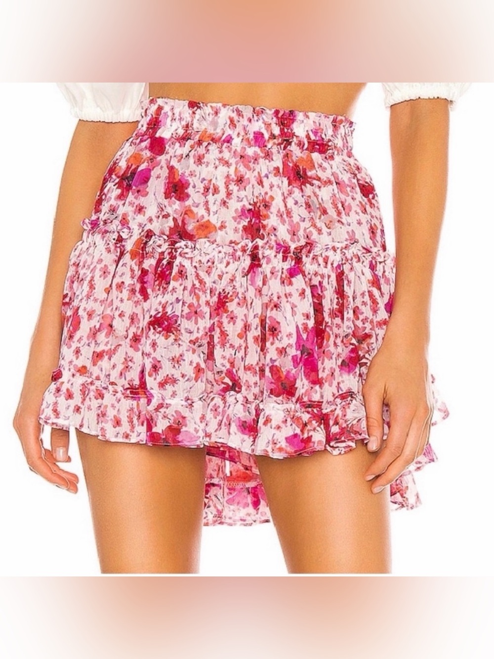 Misa Los Angeles Marion Floral Ruffle Tiered Mini Skirt Pink Size Medium